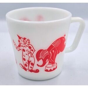 Vtg Pyrex Milk Glass Circus Childs D-Handle Mug Red Clown Elephant Seal Dog 1710